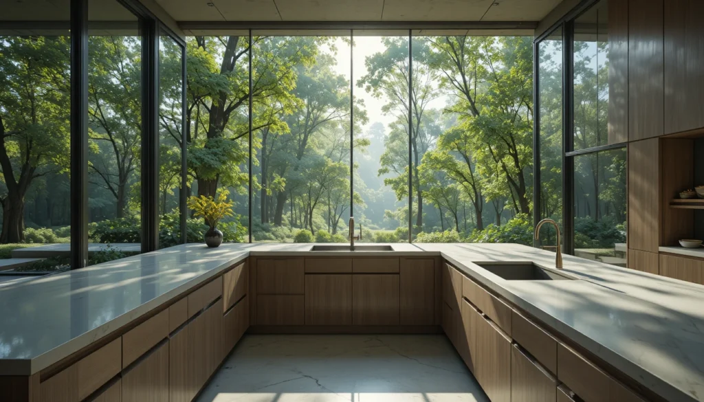 Dreamy Forest Kitchen with Glass Walls 2 Glass-walled kitchen with tree canopy views, blending modern finishes and natural light in 16:9 format.