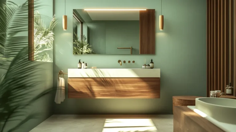 Bathroom remodel inspiration with sage walls, emerald tiles, and forest green accents.