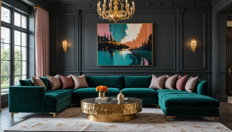 A luxurious living room with a deep emerald green sectional sofa, gold chandelier, abstract wall art in teal and coral, dark paneled walls, and a hammered gold coffee table.