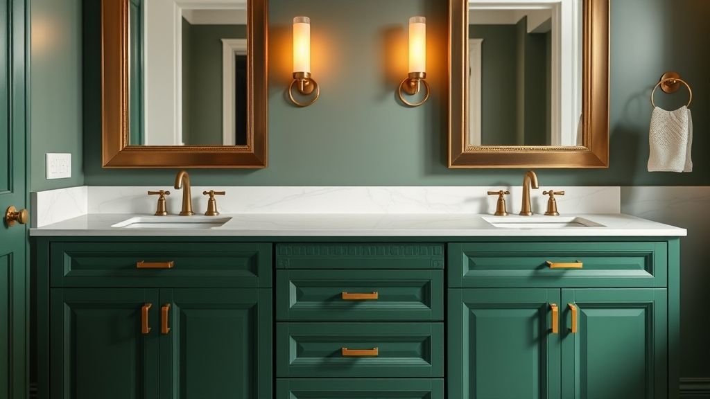 Green Bathroom Ideas to Inspire Your Next Remodel 4 Two-tone bathroom vanity with forest green cabinets, white quartz countertop, and brass hardware.