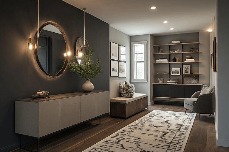 hallway with a credenza, large round mirror, storage bench, and built-in shelving, showcasing a minimalist, modern aesthetic.