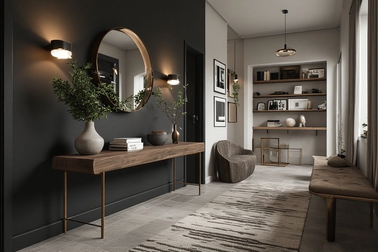 a modern hallway with a dark accent wall, a simple wood console table, and a round mirror flanked by two wall sconces.