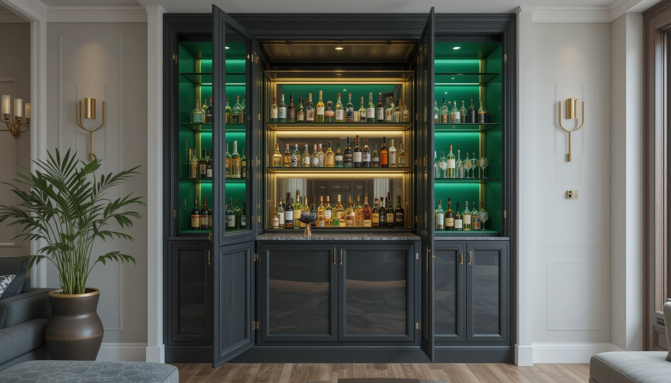 Unique Built-In Bar Designs For Your Living Room 4 Hidden built-in bar cabinet with charcoal doors, emerald green interior, brass accents, and glowing backlighting.