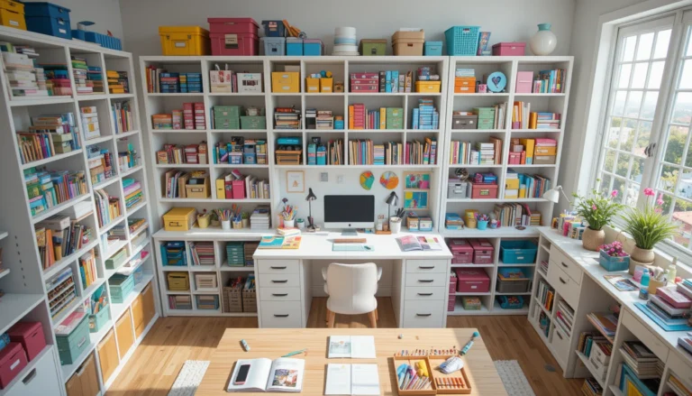 Craft room with white IKEA Kallax shelves, colorful storage boxes, and an L-shaped desk with sewing machines.