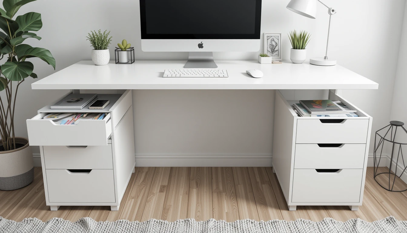 IKEA Craft Room Ideas | Organize, Create & Inspire 3 White IKEA ALEX drawer units supporting a desk in a modern home office with computer and supplies.