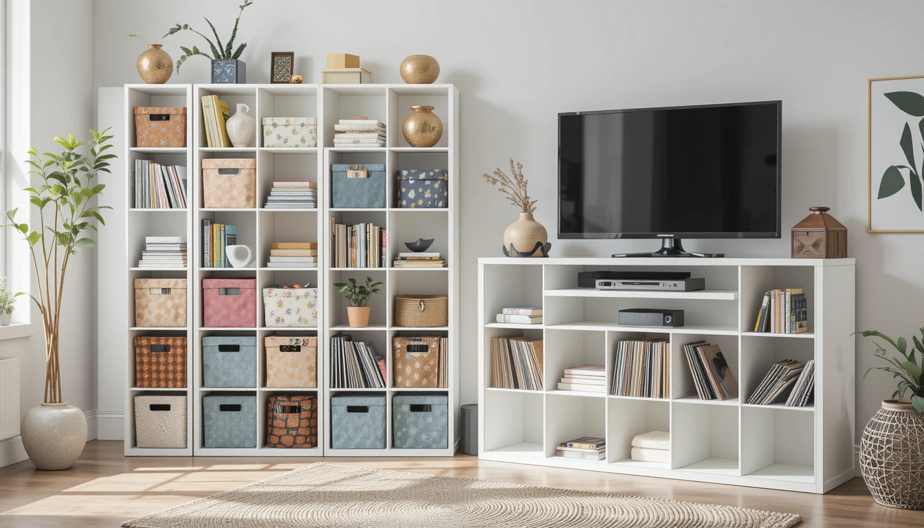 IKEA Craft Room Ideas | Organize, Create & Inspire 2 White IKEA KALLAX shelving units organizing books, storage boxes, and media in a modern room.
