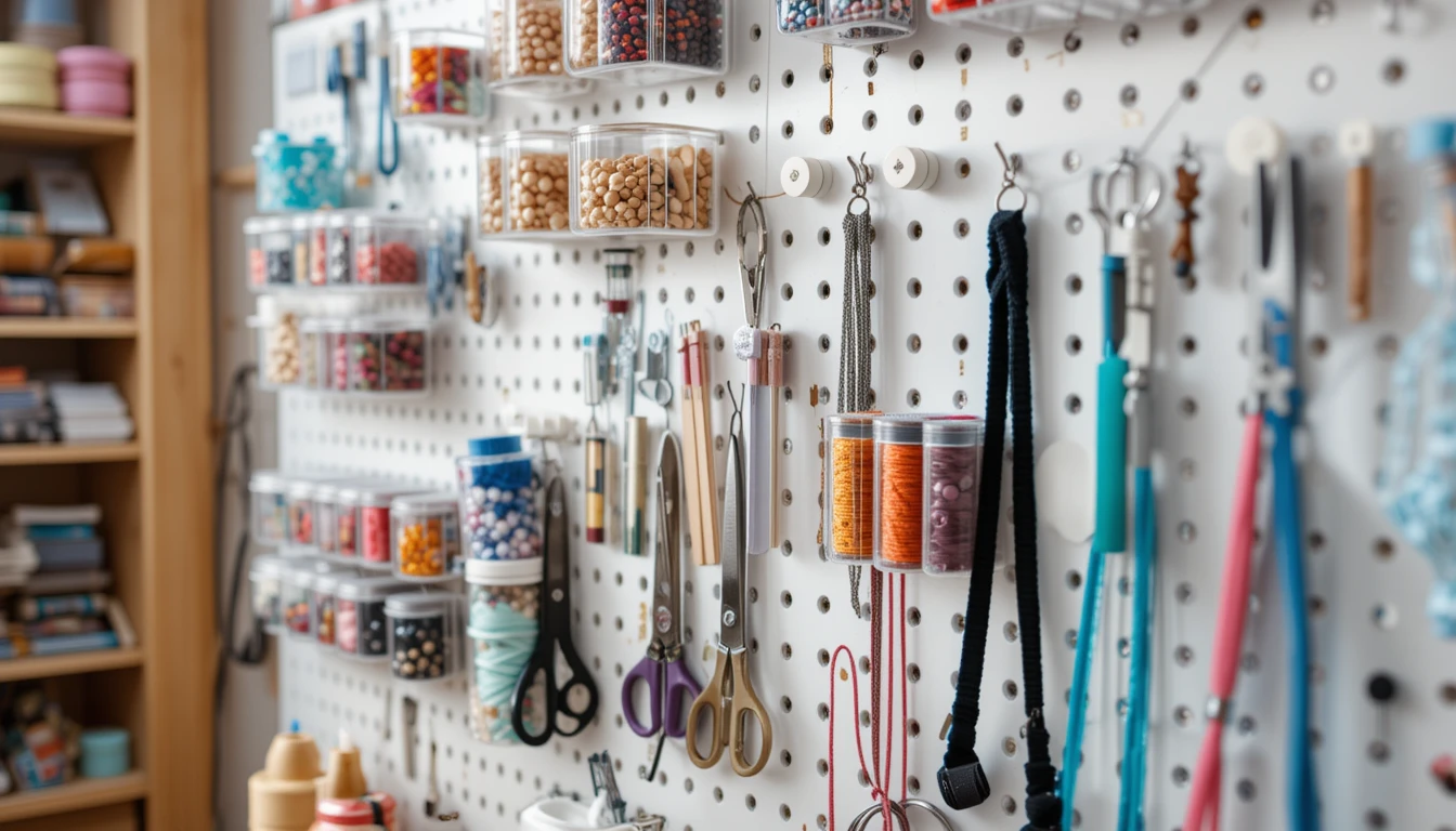 IKEA Craft Room Ideas | Organize, Create & Inspire 4 White IKEA SKÅDIS pegboard organizing craft supplies, tools, and containers in a workshop.
