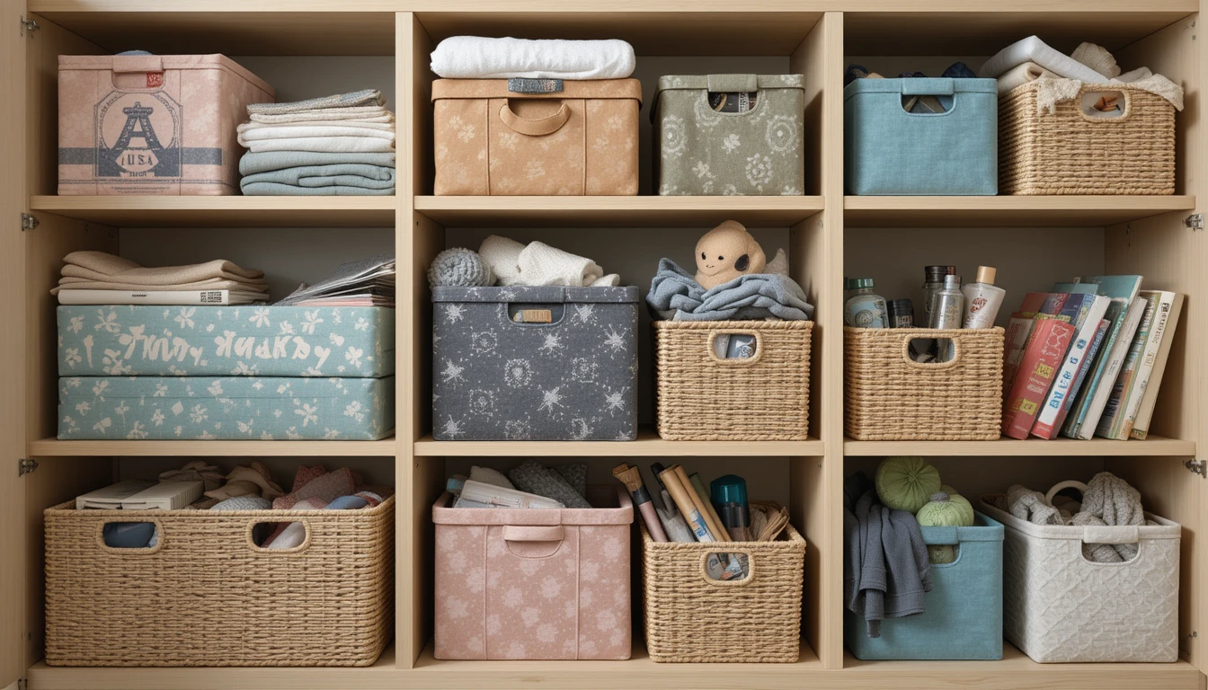 IKEA Craft Room Ideas | Organize, Create & Inspire 6 IKEA storage bins and baskets, including fabric boxes and rattan baskets, organizing items on shelves.