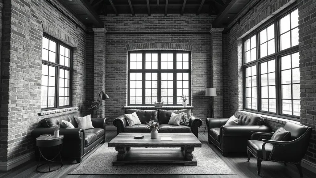 15 Elegant Black and White Living Room Ideas 8 Industrial black & white living room with exposed brick walls and steel-frame windows.