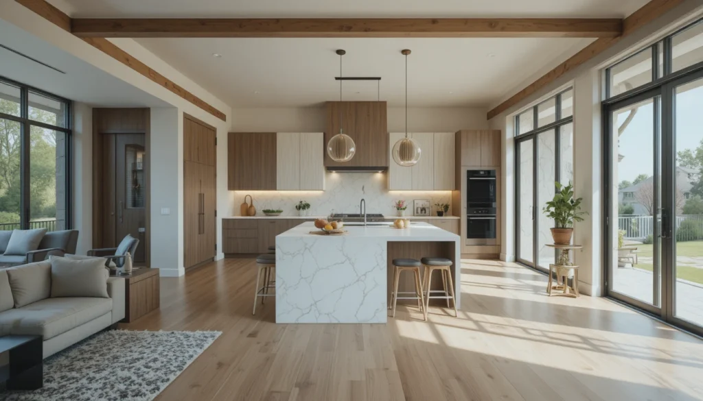 Spacious Open Living Area 5 Open-plan living room in 16:9 format integrating the kitchen seamlessly with neutral modern design.