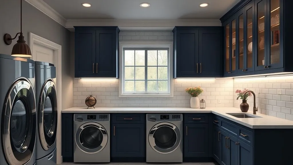 12 Stylish Blue Laundry Room Ideas for a Fresh Look 12 Laundry room illuminated with layered lighting including pendant lamps, sconces, and under-cabinet LEDs.