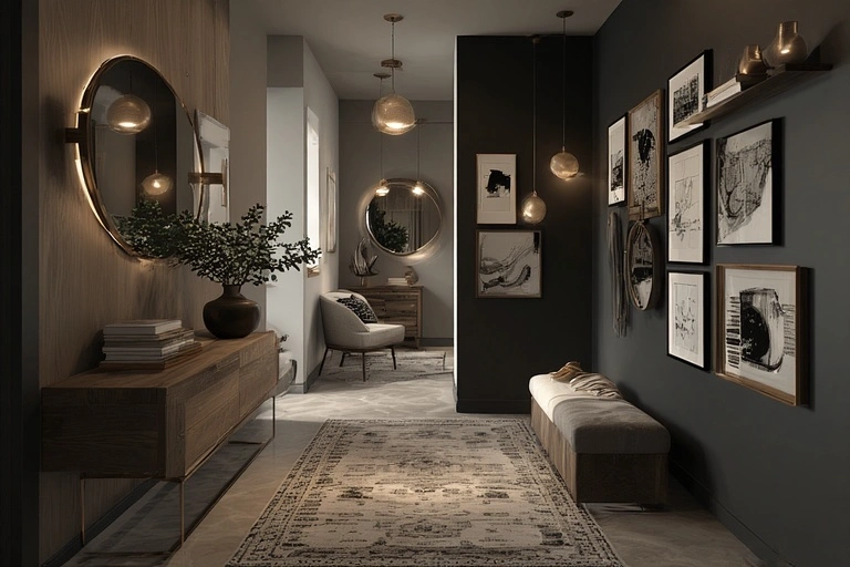 a long hallway with a dark wood credenza, a large round mirror, a gallery wall, and a cushioned bench for seating.