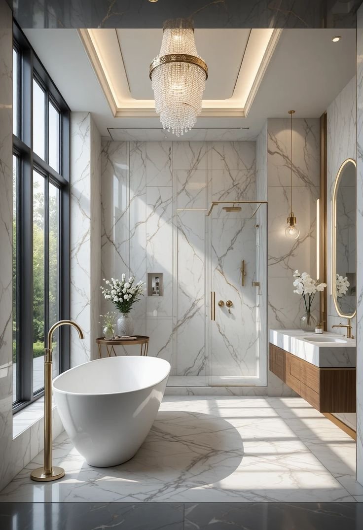Luxury bathroom design with marble elegance, freestanding tub, and gold fixtures.