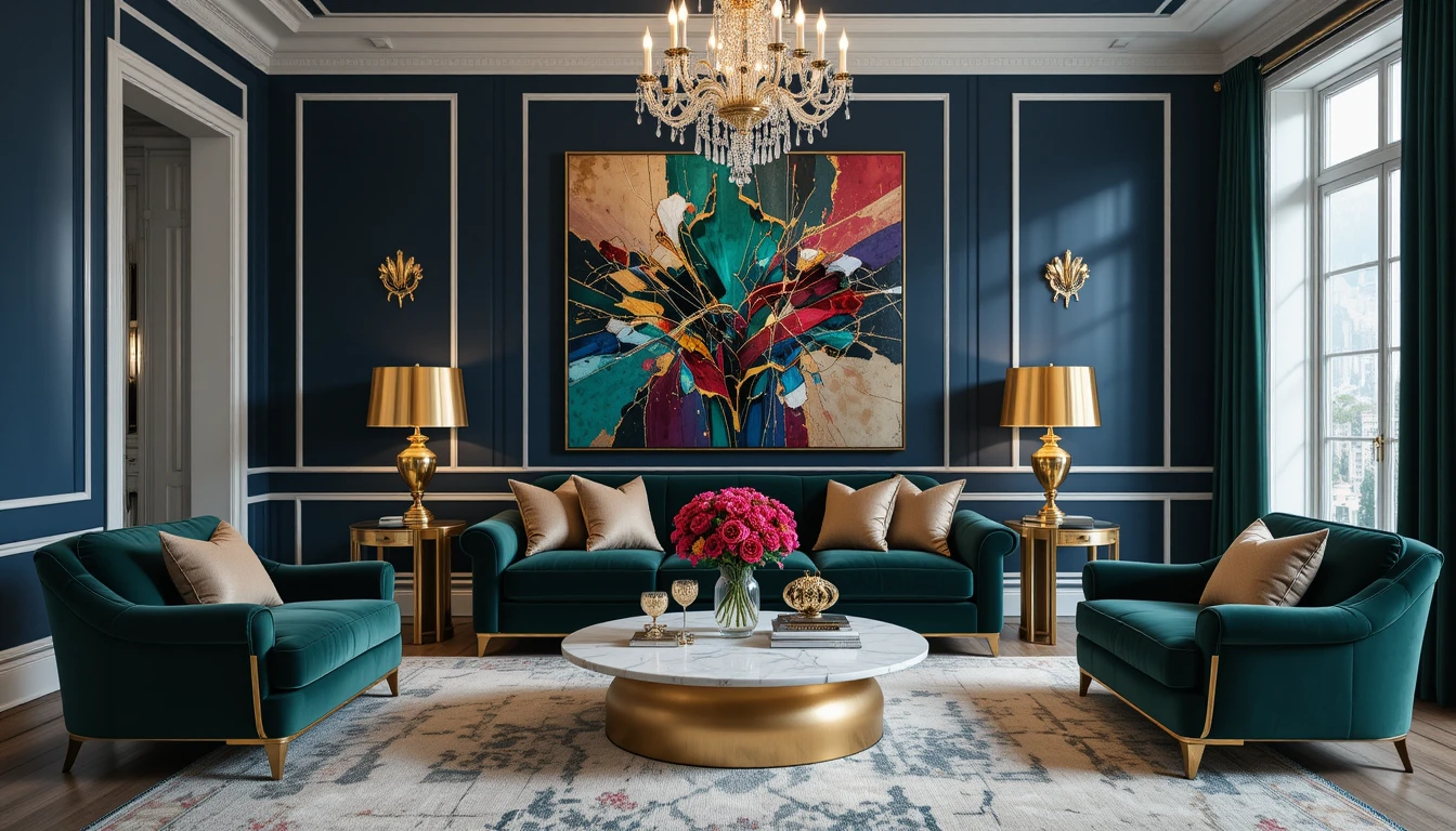 Green Couch Living Room Ideas 4 A luxurious glam living room with a dark green velvet couch, gold lamps, marble coffee table, and jewel-toned abstract wall art for a sophisticated feel.