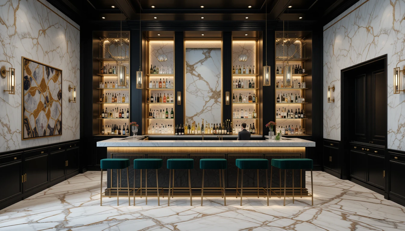 Unique Built-In Bar Designs For Your Living Room 5 Luxury marble built-in bar with gold-veined marble, brass shelves, emerald stools, and glowing backlighting.