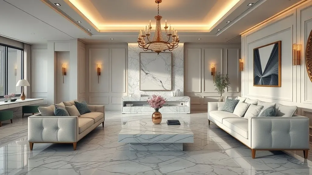 Modern Living Room Ideas for Every Home 5 Hyper realistic luxury modern living room with marble accents, plush seating, and elegant décor.