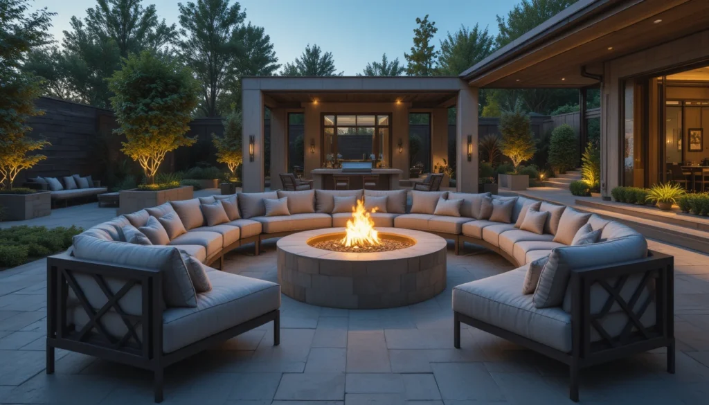 Outdoor Garden Room Ideas 6 Hyper realistic luxury outdoor garden room with fire pit, plush seating, stone flooring, and evening lighting.