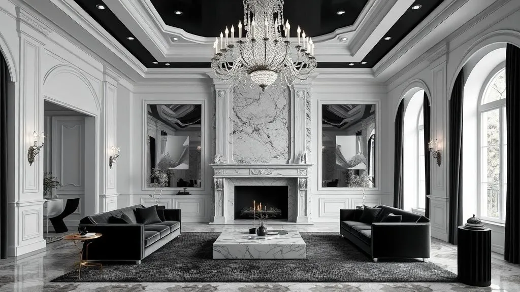 15 Elegant Black and White Living Room Ideas 7 Luxury monochrome living room with a chandelier and velvet seating.