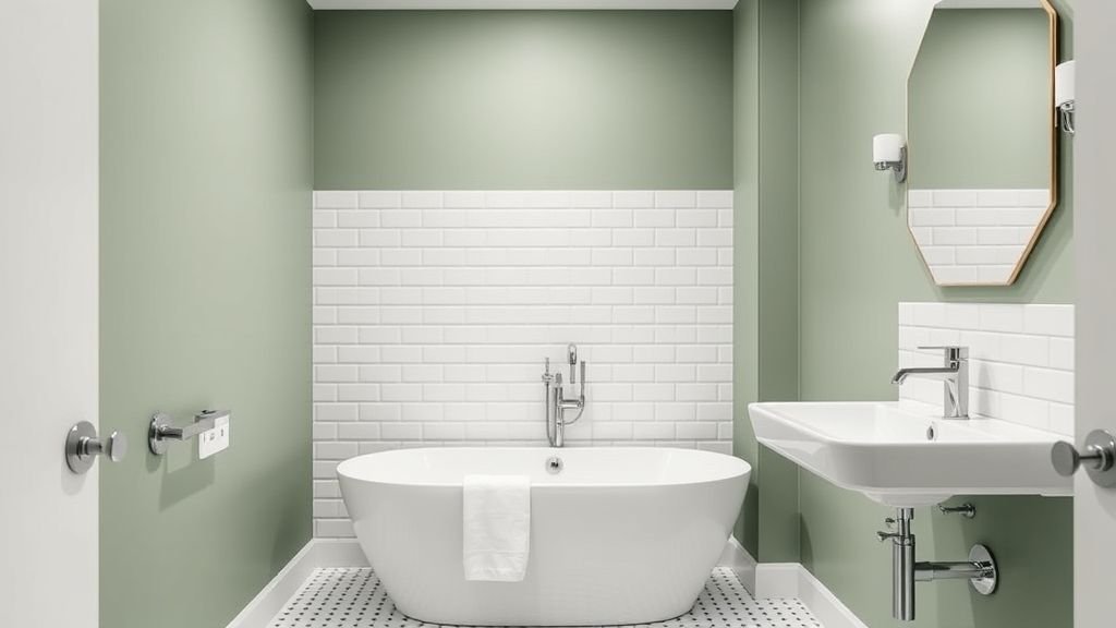 Green Bathroom Ideas to Inspire Your Next Remodel 6 Minimalist bathroom with sage green walls, white tiles, and chrome fixtures for a clean design.