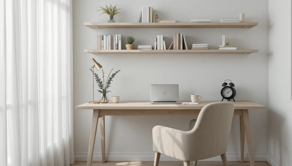 Neutral Home Decor Ideas: Timeless Inspiration for Every Room 7 Minimalist neutral home office with wood desk, modern chair, and soft natural light.