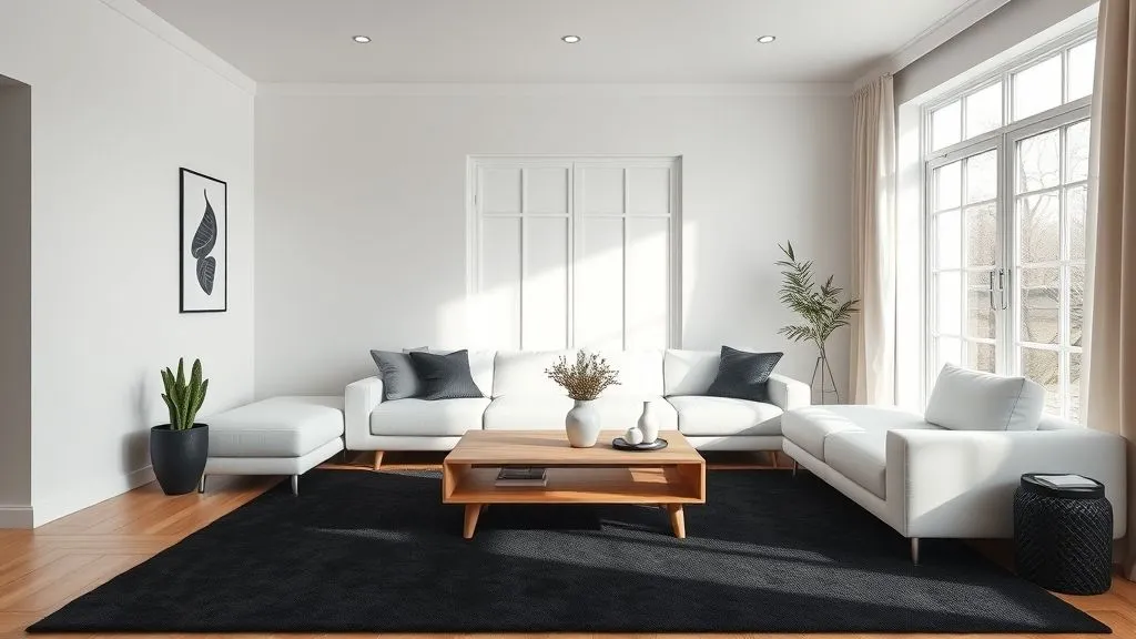 15 Elegant Black and White Living Room Ideas 2 Minimalist living room with a white sofa, black rug, and natural light from tall windows.