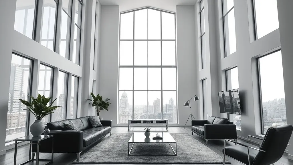 15 Elegant Black and White Living Room Ideas 3 Modern black & white living room with tall windows and dramatic contrast décor.