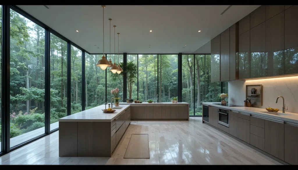 Dreamy Forest Kitchen with Glass Walls 5 Modern forest kitchen with glass corner walls offering panoramic woodland views in 16:9 ratio.
