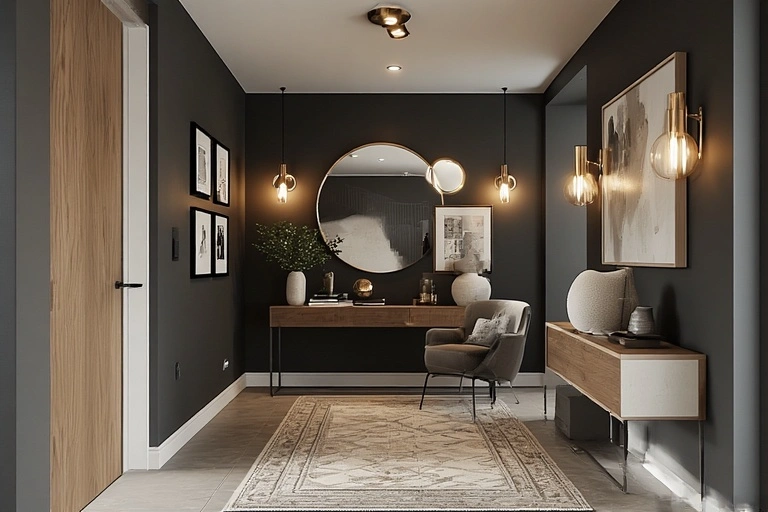modern foyer with a dark accent wall, featuring an L-shaped furniture arrangement, round mirror, sleek console, and a gray armchair.