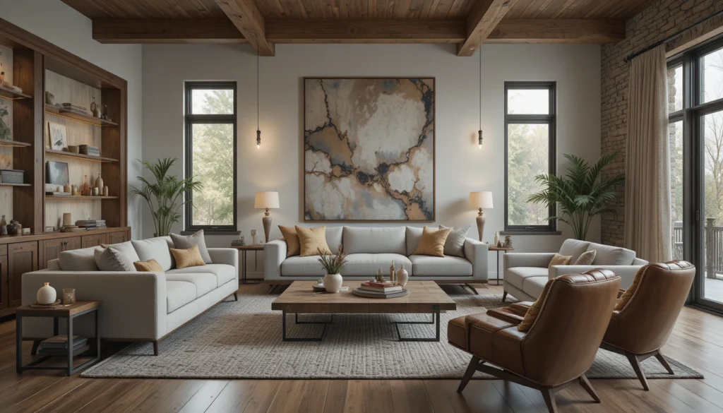 Living room blending modern furnishings with rustic accents like reclaimed wood, leather chairs, and stone textures.