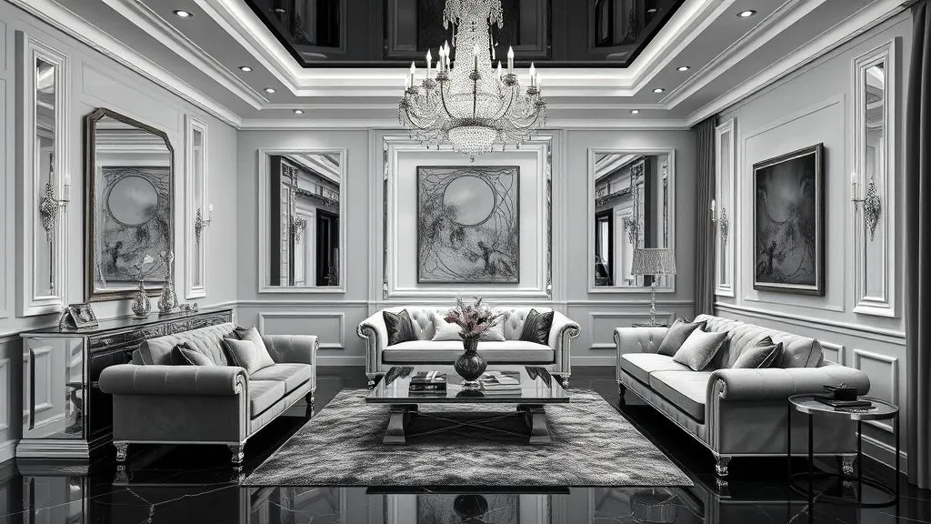 15 Elegant Black and White Living Room Ideas 16 Glam black & white living room with polished finishes and mirrored furniture.