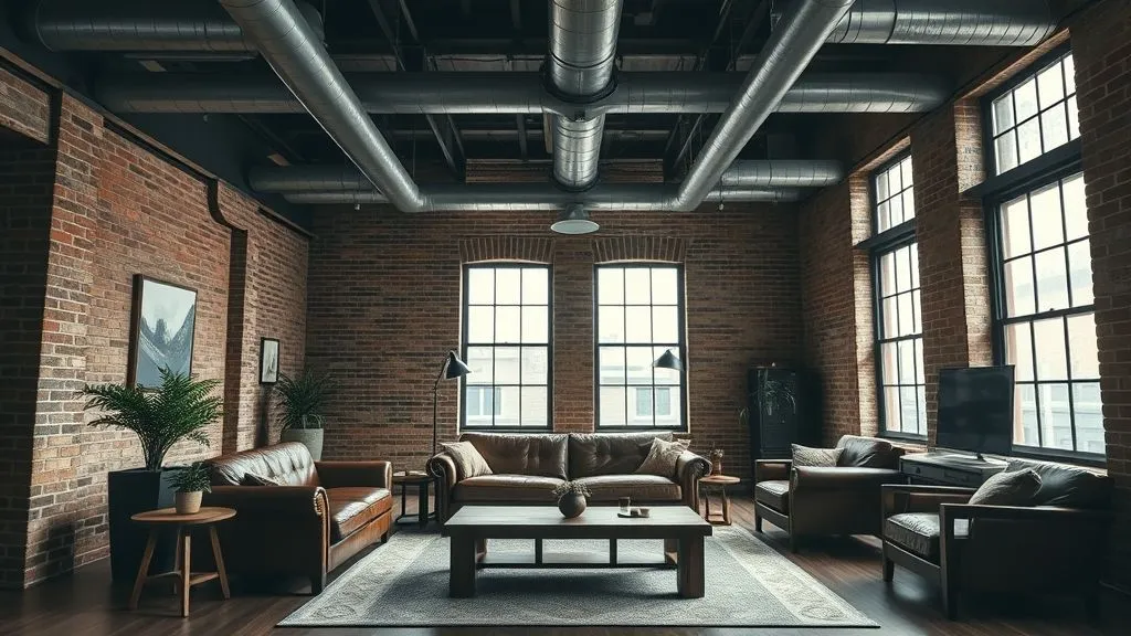 Modern Living Room Ideas for Every Home 7 Hyper realistic modern industrial living room with exposed brick walls, pipes, and leather sofa.