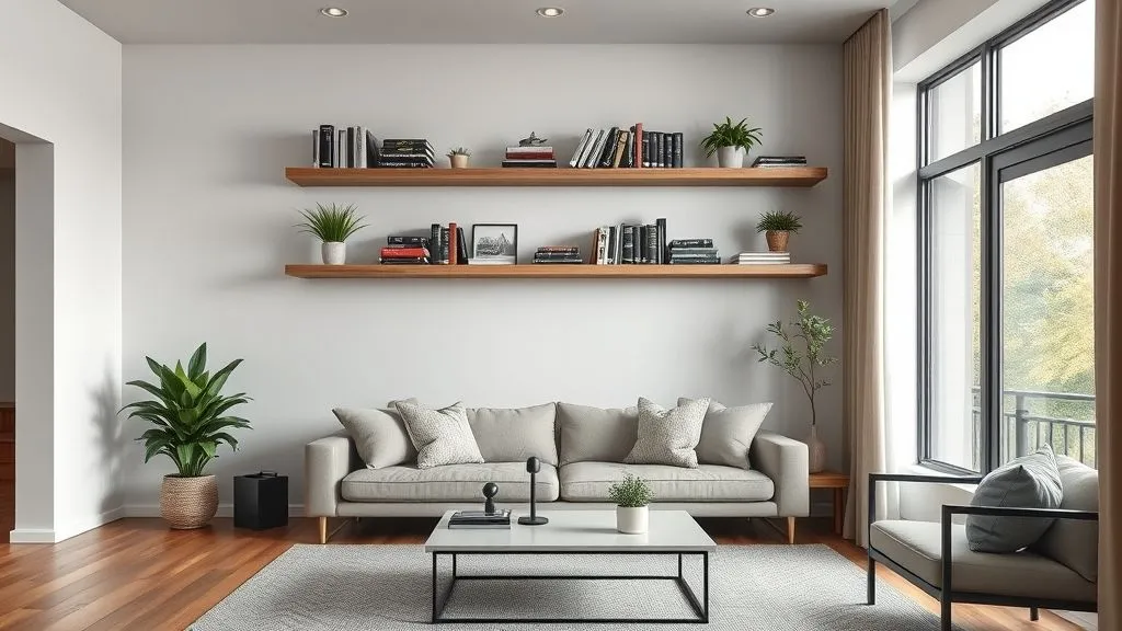 Modern Living Room Ideas for Every Home 9 Hyper realistic modern living room with floating shelves, books, plants, and minimalist décor.
