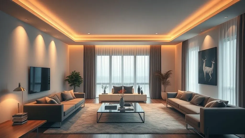 Modern Living Room Ideas for Every Home 11 Hyper realistic modern living room with smart lighting, sleek furniture, and neutral design.