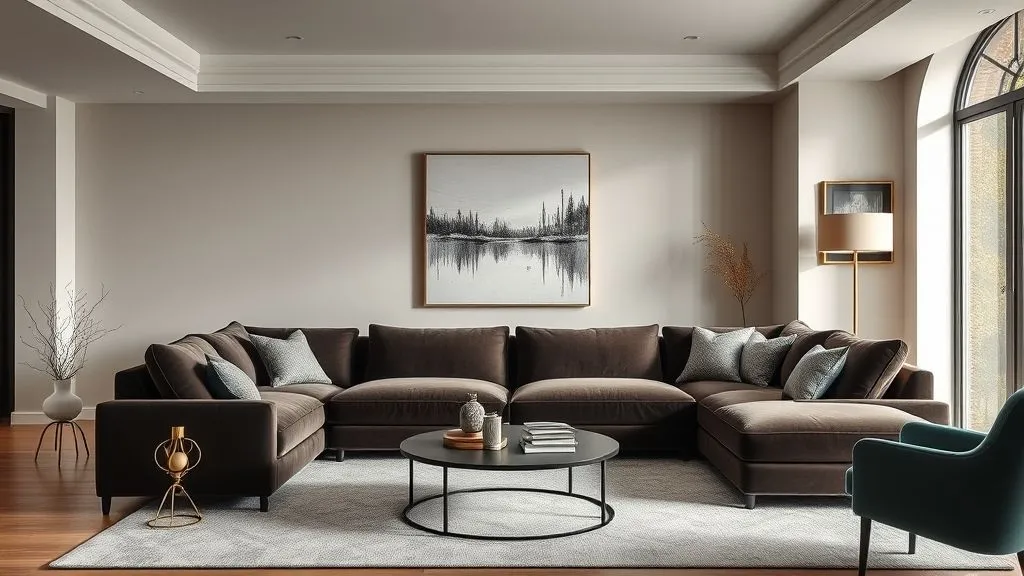 Modern Living Room Ideas for Every Home 4 Hyper realistic modern living room with a bold statement sofa, layered rugs, and wall art.