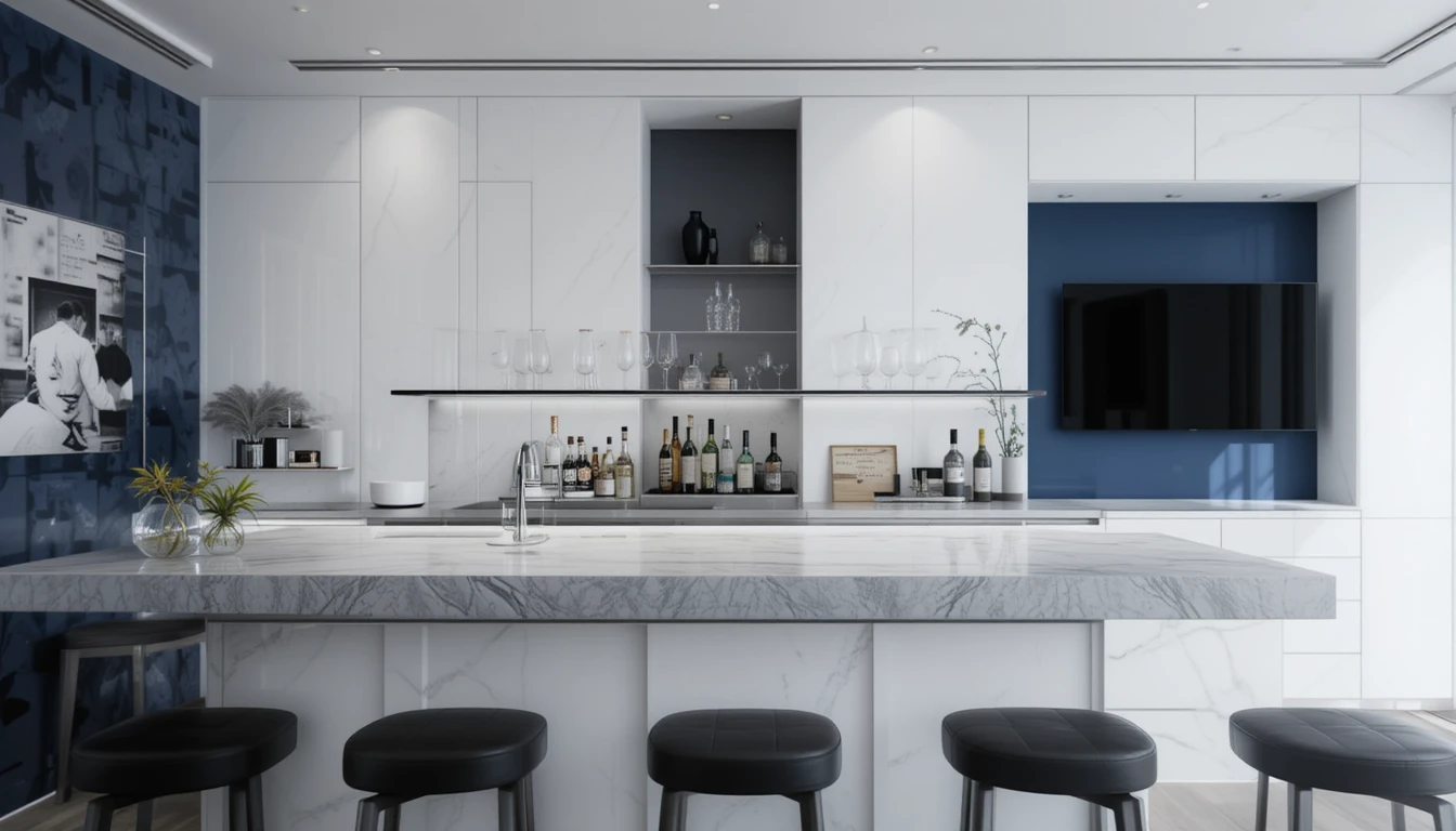 Unique Built-In Bar Designs For Your Living Room 2 Modern minimalist built-in bar with white cabinetry, navy accent wall, black floating shelves, and sleek gray stone countertop.