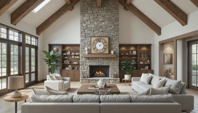 Modern neutral living room with a stone fireplace and vaulted ceilings featuring exposed wooden beams.