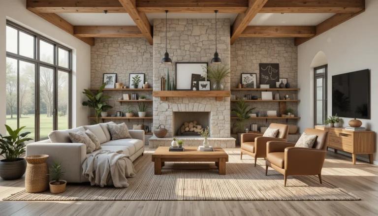 Modern rustic living room with wooden beams, stone fireplace, neutral sofas, and cozy layered textures.