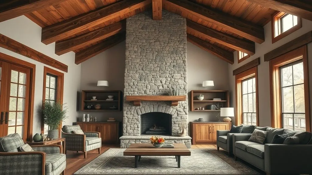 Modern Living Room Ideas for Every Home 12 Hyper realistic modern rustic living room with stone fireplace, wooden beams, and cozy textures.