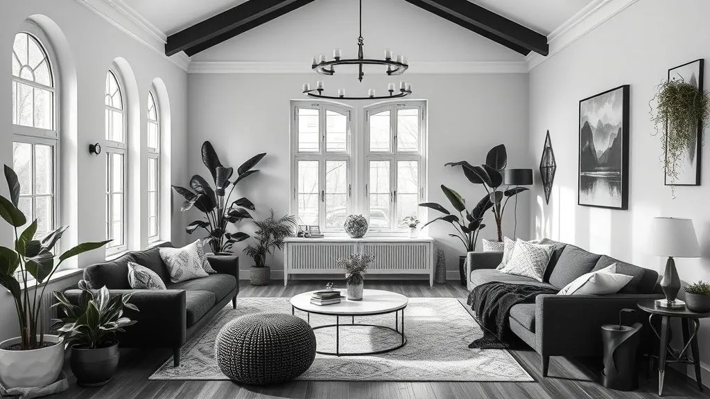 15 Elegant Black and White Living Room Ideas 4 Monochrome black & white living room with green plants for a natural accent.