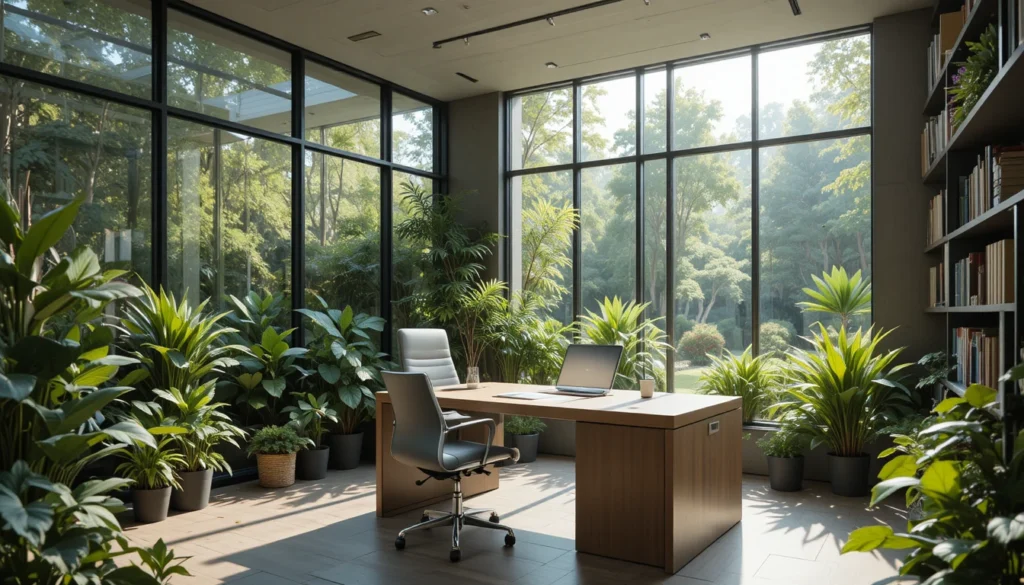 Outdoor Garden Room Ideas 5 Hyper realistic modern garden office room with glass windows, desk, chair, bookshelves, and plants in daylight.