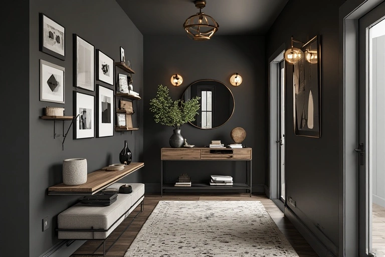 narrow entryway with a dark gray wall, featuring a wood console table, round mirror, and a large gallery wall above a bench.