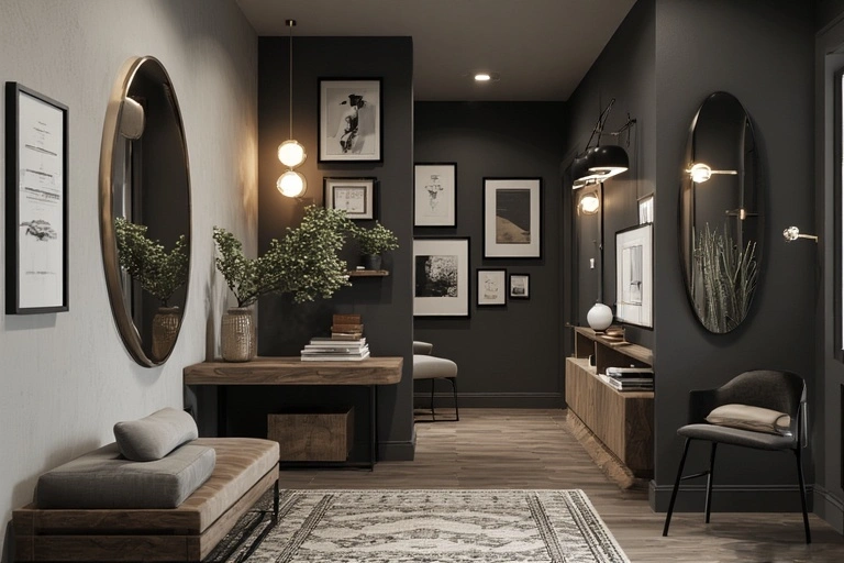 narrow modern hallway with a wood console table, two mirrors, a gallery wall, and a long rug, creating a sense of depth.