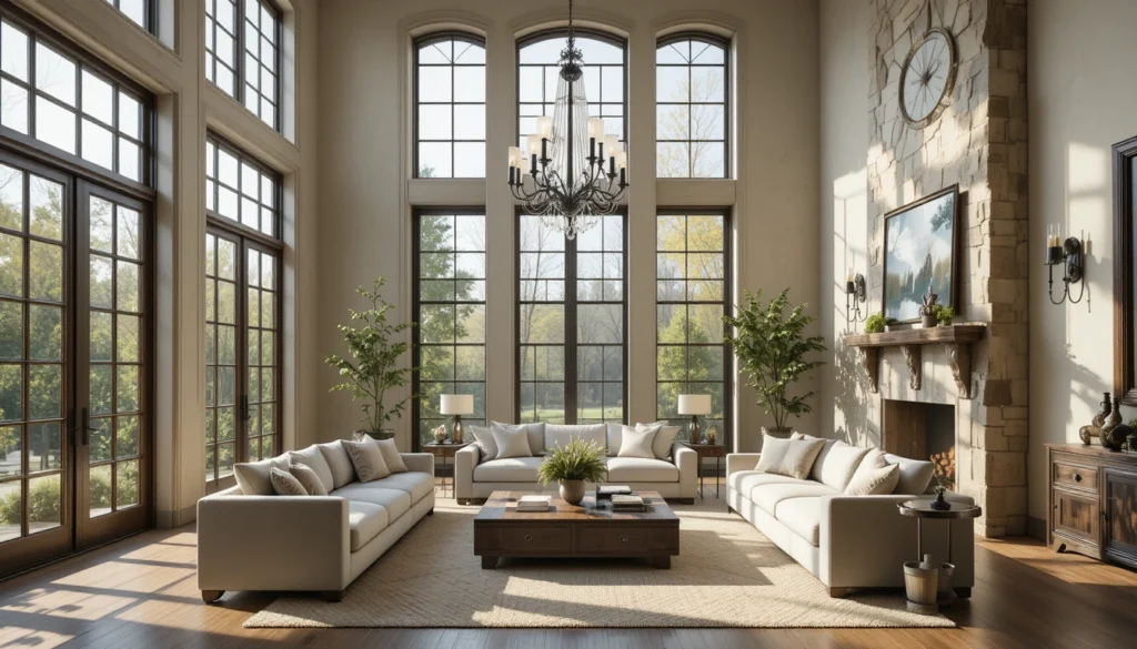 Luxury living room filled with natural light from large windows and styled with elegant statement lighting fixtures.