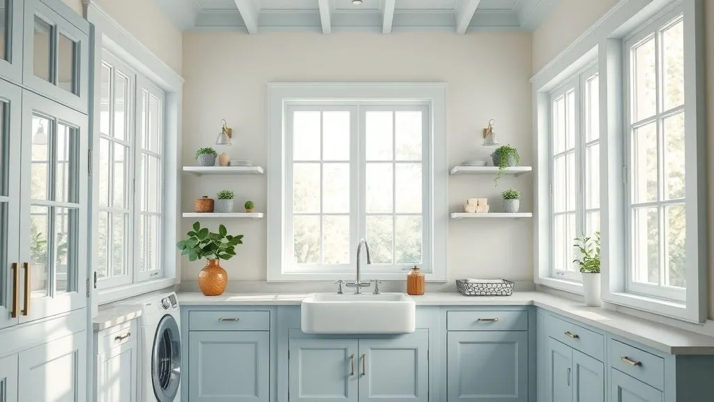 12 Stylish Blue Laundry Room Ideas for a Fresh Look 8 Laundry room filled with natural light from large windows, featuring pastel blue cabinets and farmhouse sink.