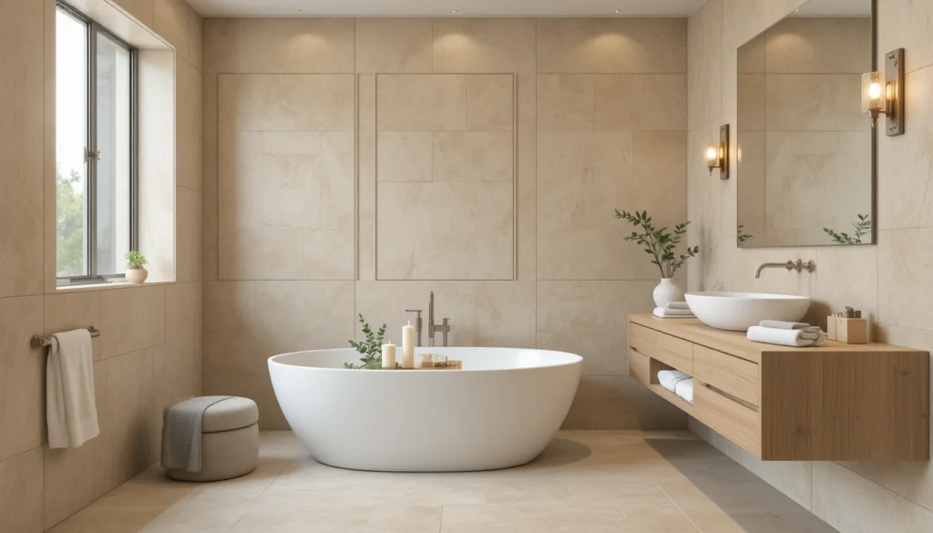 Neutral Home Decor Ideas: Timeless Inspiration for Every Room 5 Neutral spa-like bathroom with soaking tub, wood accents, and soft lighting.