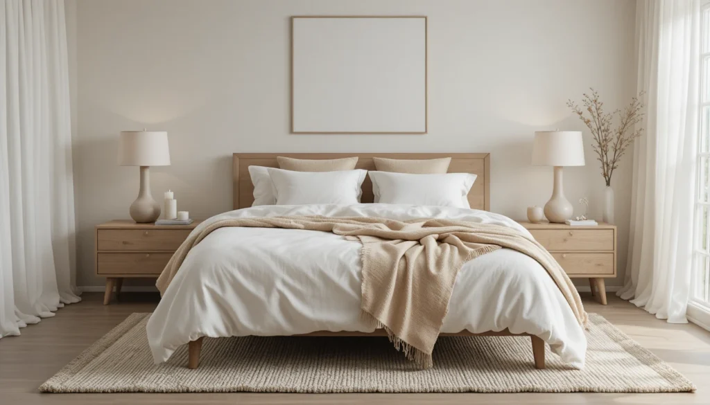 Neutral Home Decor Ideas: Timeless Inspiration for Every Room 3 Neutral bedroom with cozy linen bedding, soft lighting, and minimalist decor.