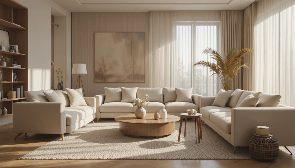 Modern living room decorated in a neutral color palette with beige sofas, layered rugs, and natural wood accents.