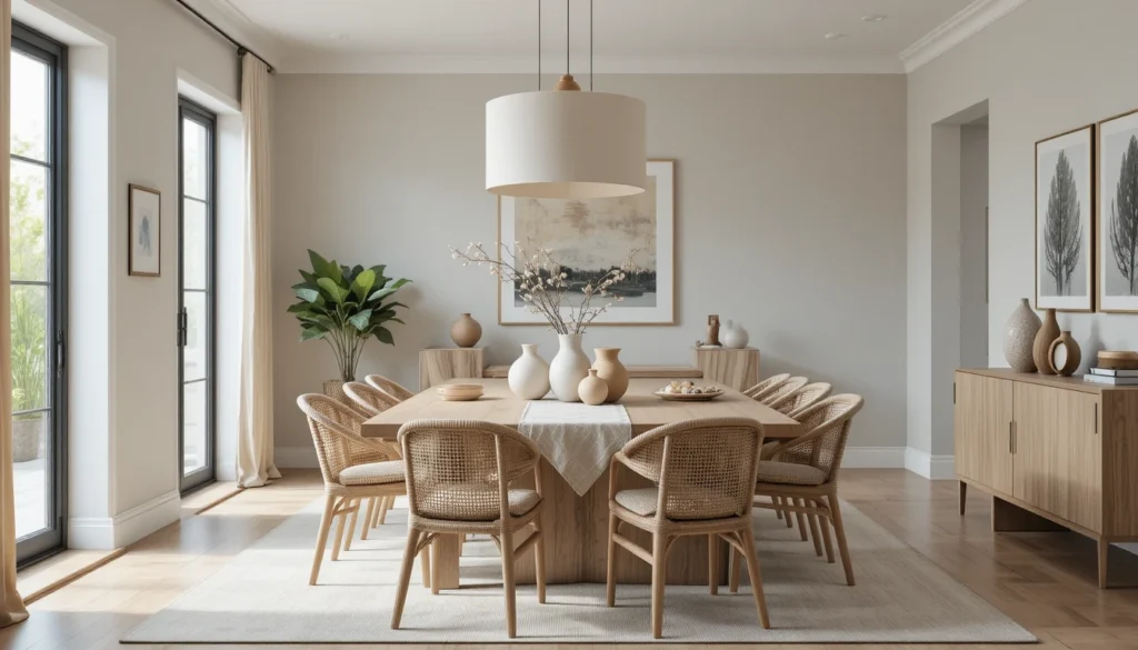 Neutral Home Decor Ideas: Timeless Inspiration for Every Room 6 Neutral dining room with statement lighting, wood table, and minimalist decor.