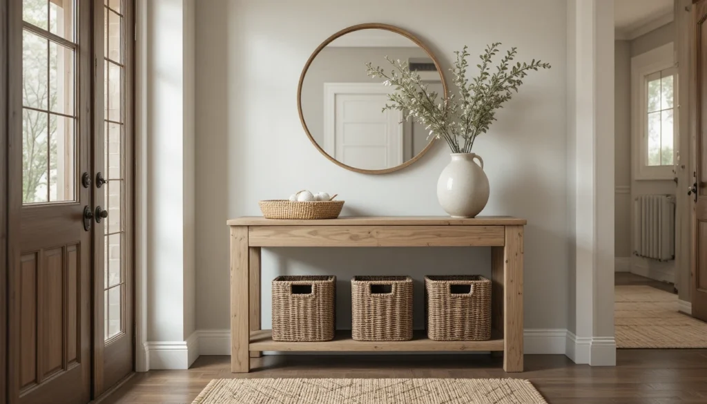 Neutral Home Decor Ideas: Timeless Inspiration for Every Room 8 Neutral entryway with wood console, round mirror, and natural woven accents.