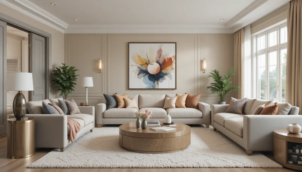 Spacious Open Living Area 4 Living room in 16:9 style with neutral foundations paired with bold art accents and colorful details.